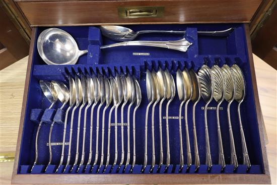 An extensive Victorian canteen of Albany pattern plated flatware, in a fitted mahogany box